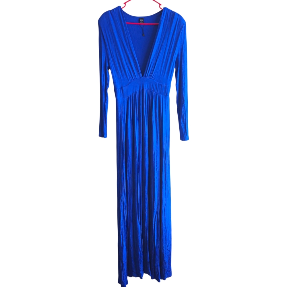 Long Sleeve Maxi Dress Front Slits V Neck Cobalt Blue Casaul Holiday Women Med